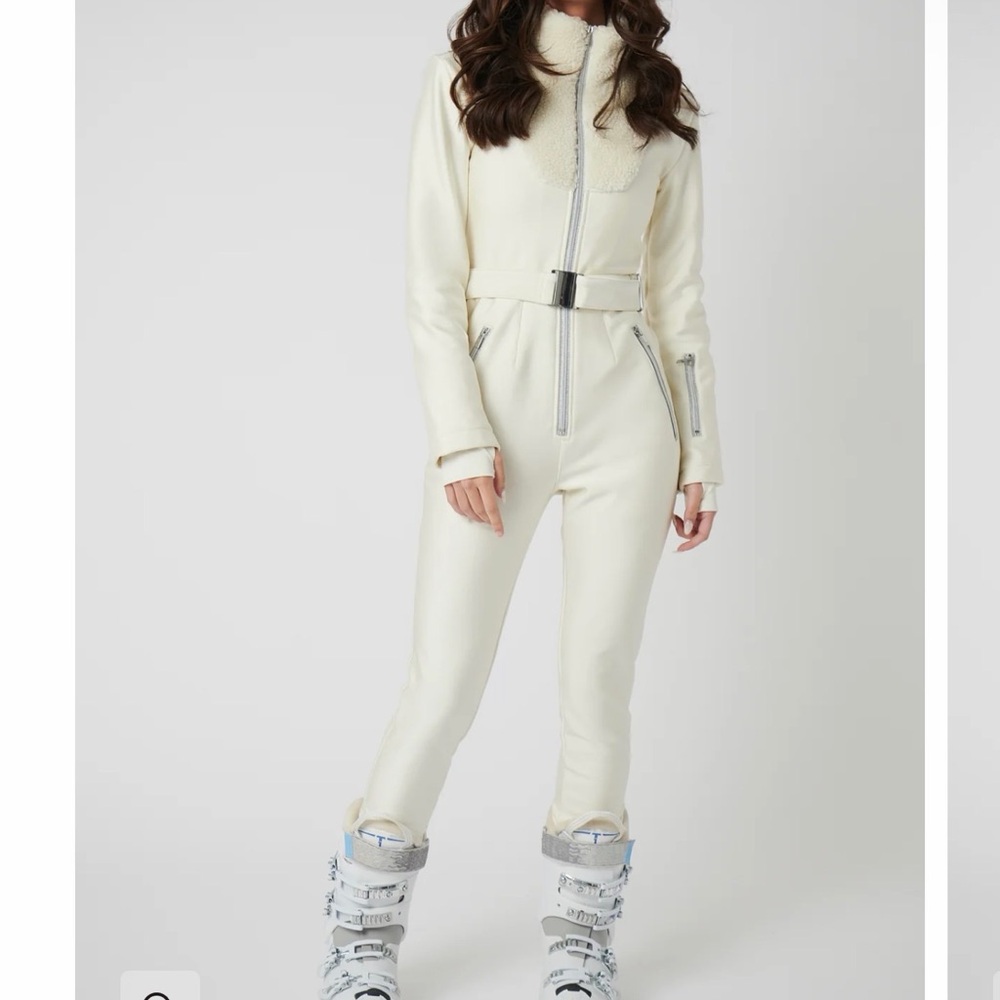 Cream Women's Belted Ski Jumpsuit with Shearling Collar